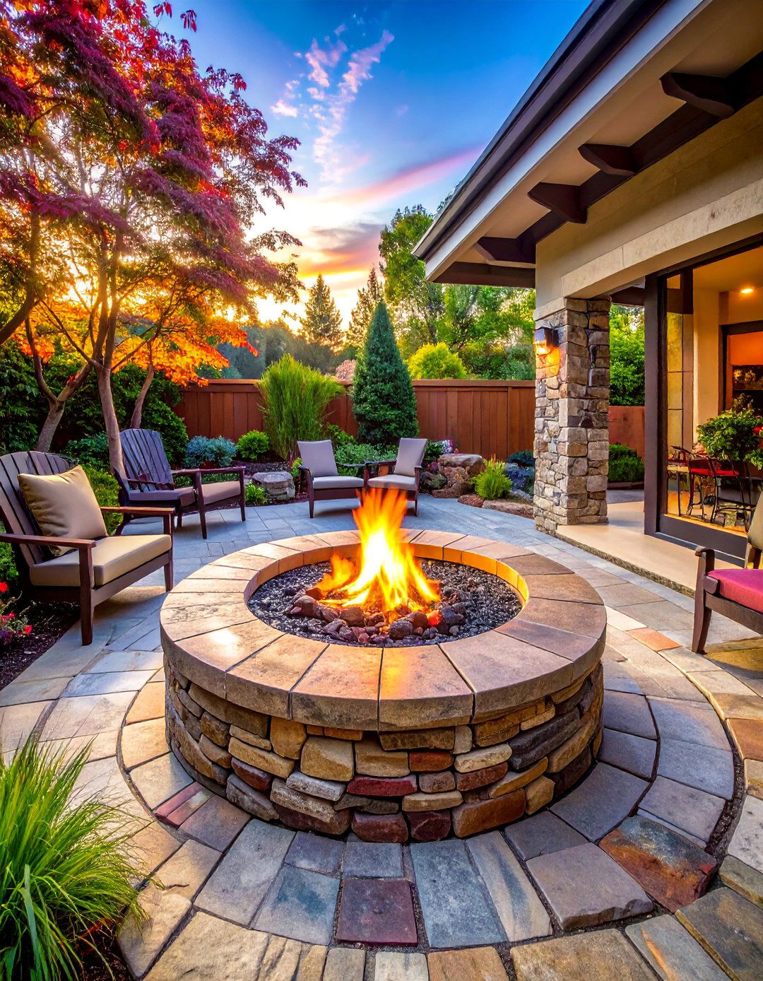 Mixed Stone Patio with Traditional Round Fire Pit - 25 Stone Patio with Fire Pit Ideas for Outdoor Fun