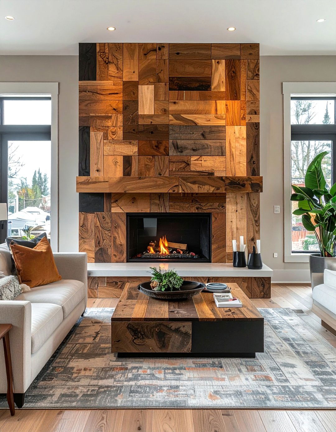 Mixed Wood Mosaic Mantels - 20 Wood Fireplace Mantel Ideas for a Cozy and Rustic Ambiance