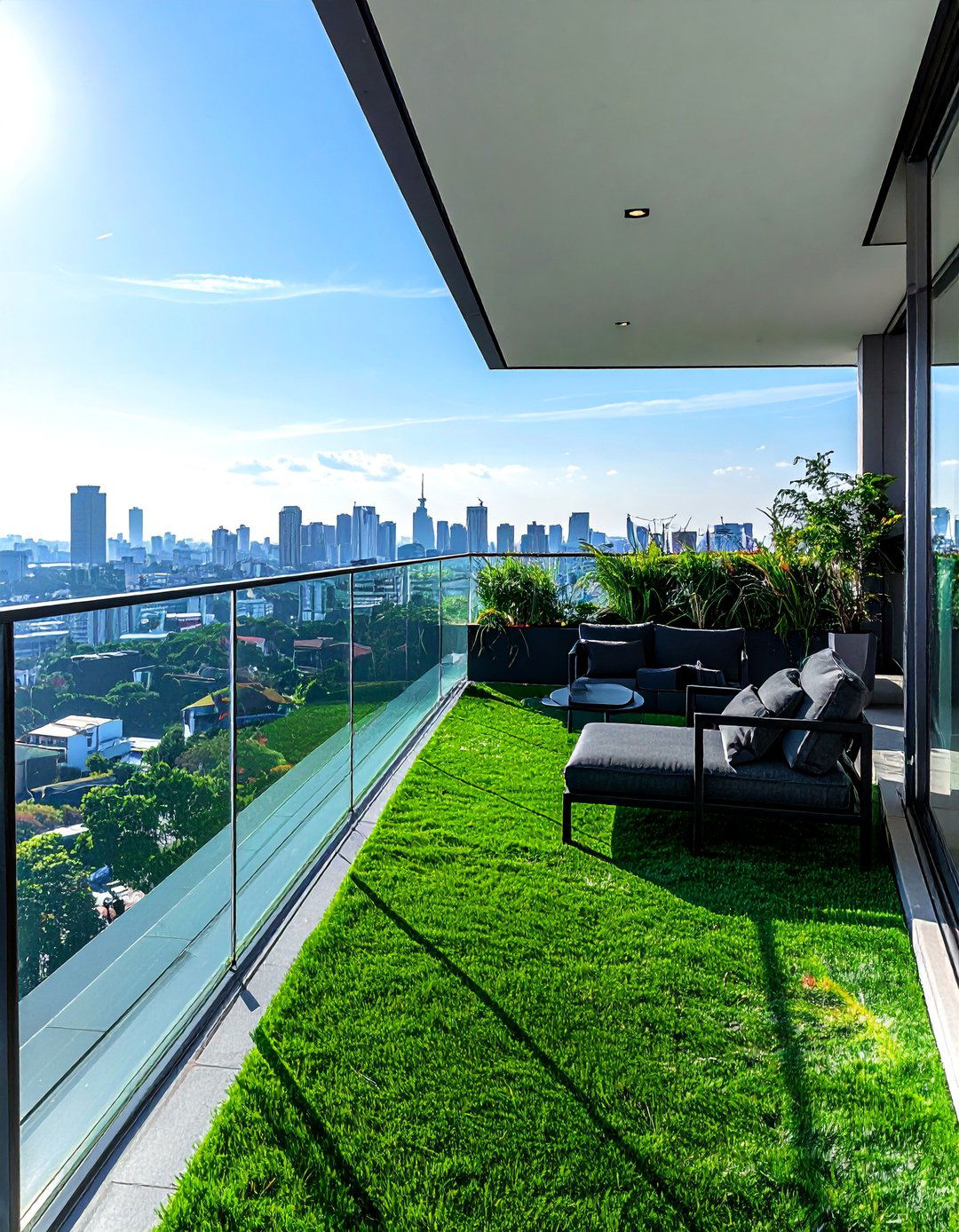 Modern Artificial Grass Balcony with Glass Railings - 20 Artificial Grass Balcony Design Ideas for Urban Spaces