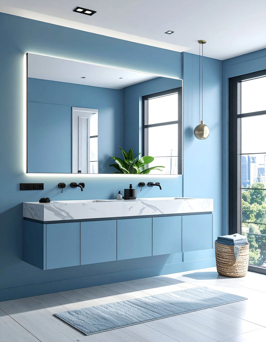 Modern Blue Powder Room with a Floating Vanity - 20 Blue Powder Room Ideas for a Fresh and Serene Space