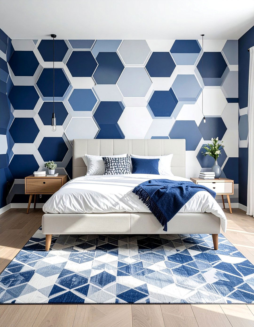 Modern Geometric Blue and White Bedroom - 25 Blue and White Bedroom Ideas for a Calm Retreat