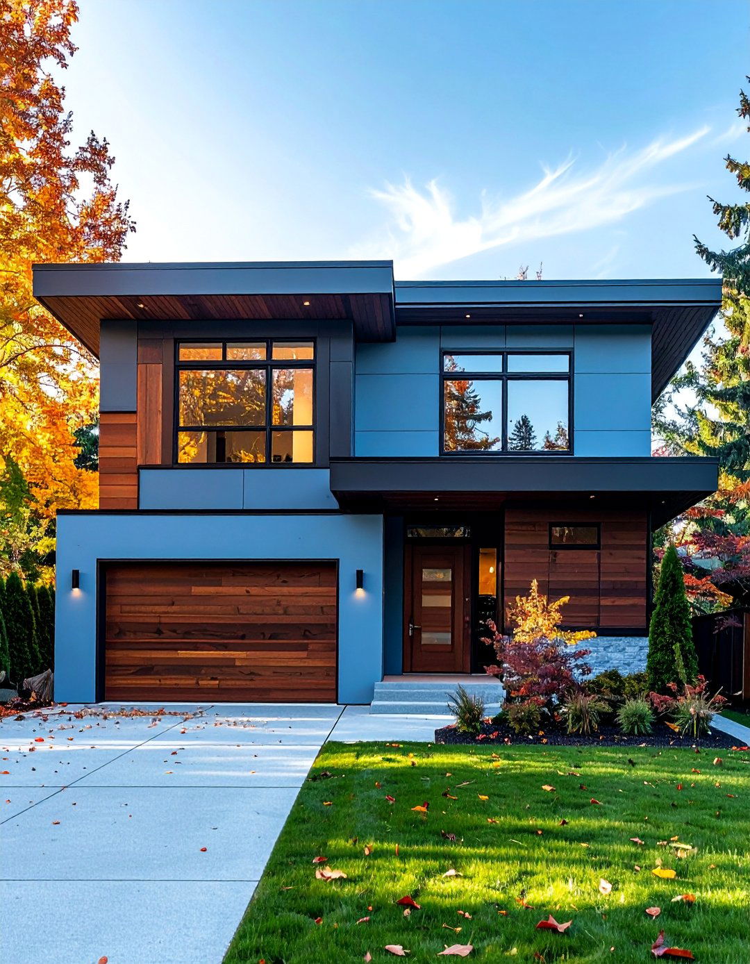 Modern Light Blue House with Dark Wood Accents - 25 Light Blue House Exterior Ideas for Curb Appeal
