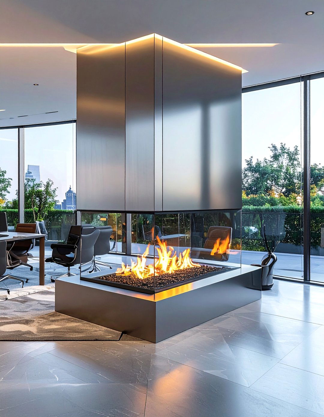Modern Minimalist Glass Fireplace Design - 15 Home Offices With Fireplaces for Cozy Workspaces