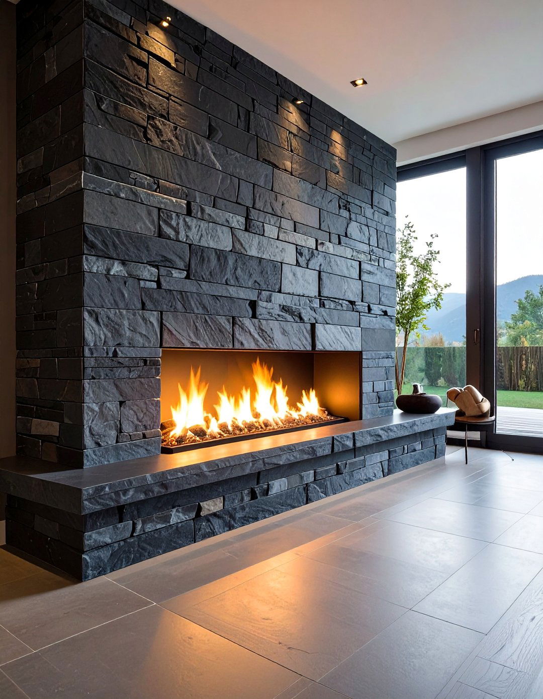 Modern Stacked Slate Floor to Ceiling Stone Fireplace - 20 Floor-to-Ceiling Stone Fireplace Ideas for a Stunning Focal Point
