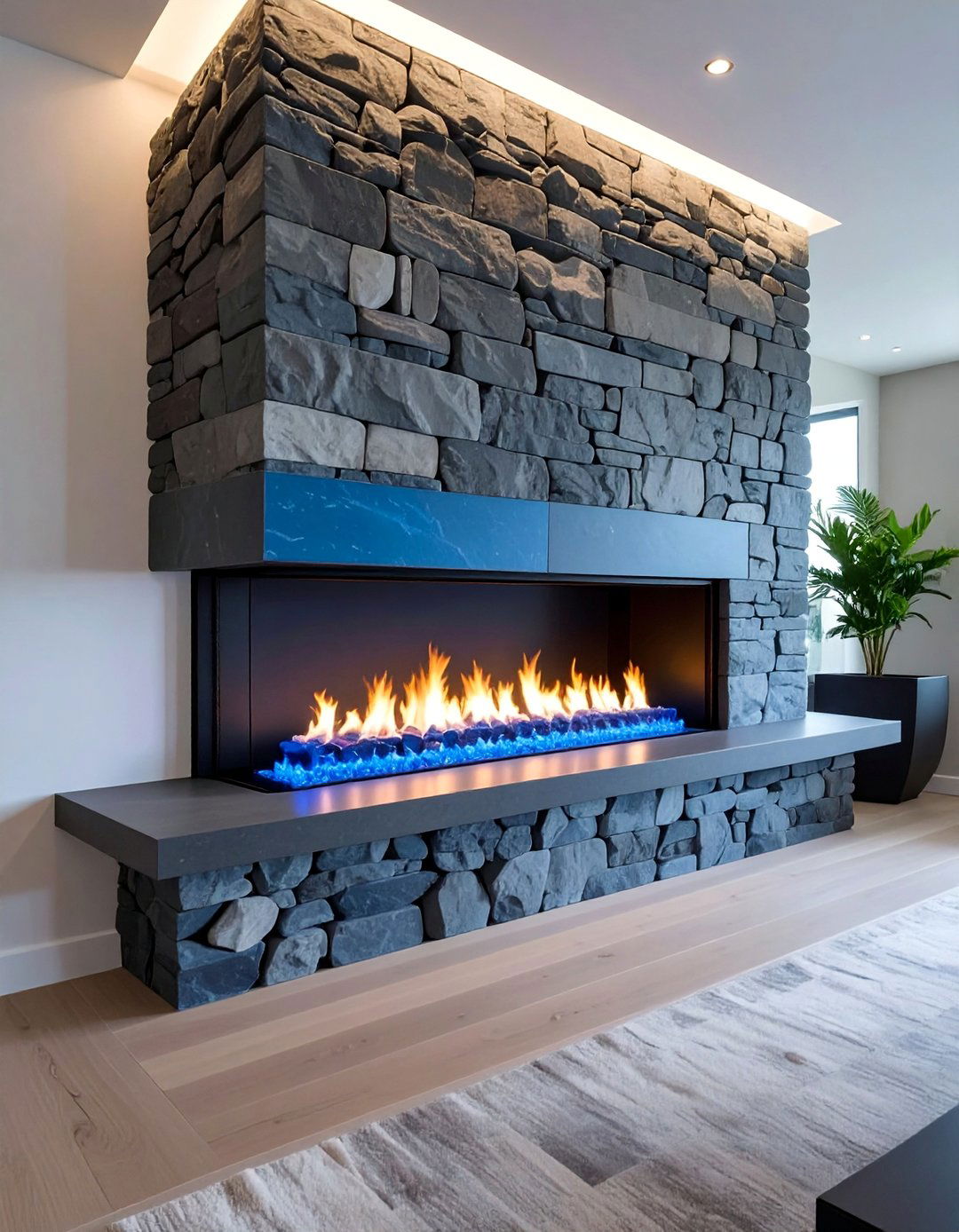 Modern Stacked Stone Fireplace with a Linear Gas Insert - 25 Stunning Stacked Stone Fireplace Design Ideas
