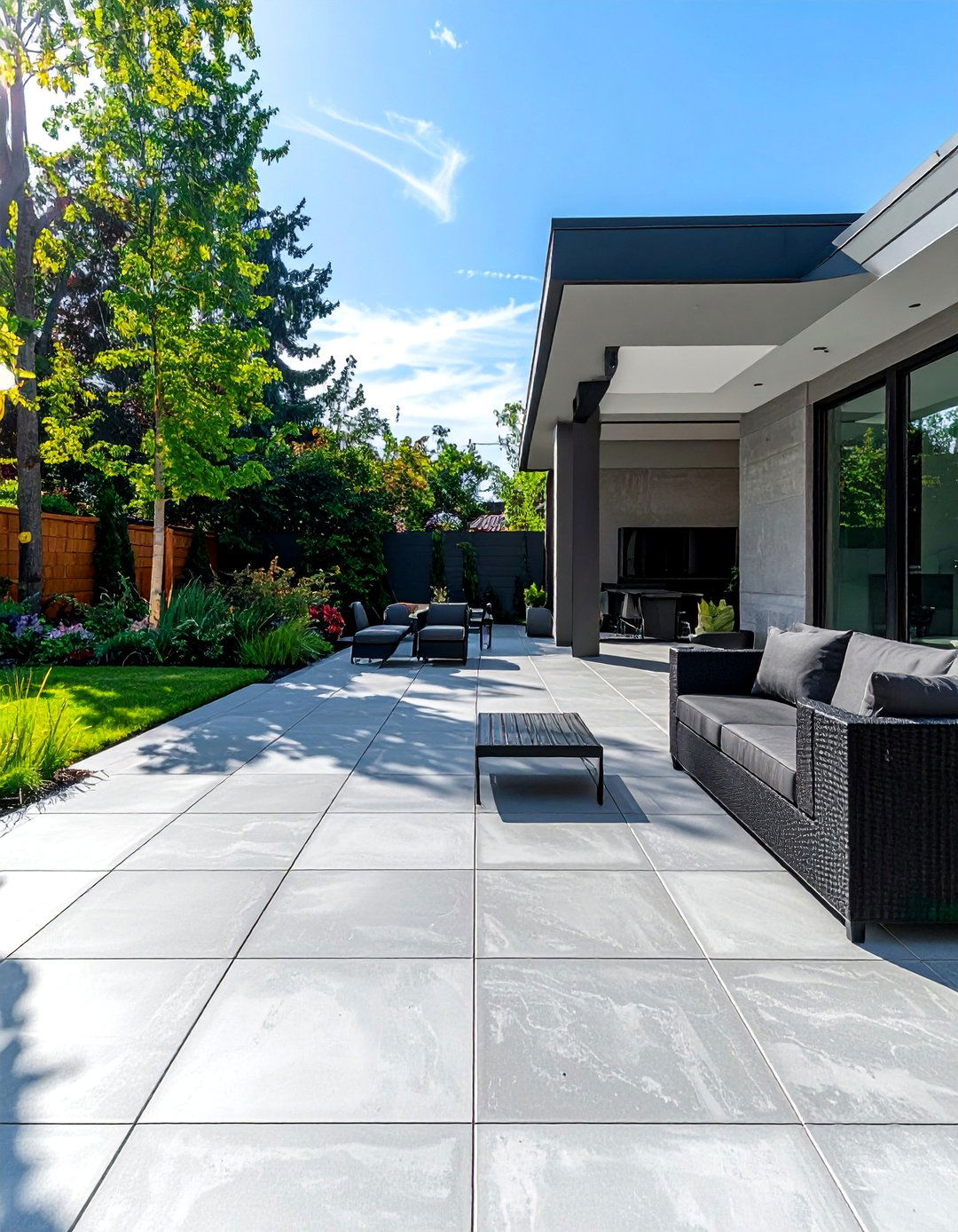 Modern Stamped Concrete Patio with Large Tiles - 40 Stamped Concrete Patio Ideas for Stylish Outdoor Spaces