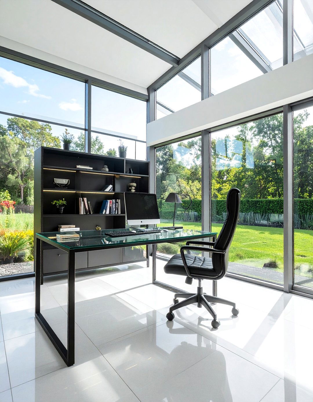 Modern Sunroom Office with Black Metal Accents - 20 Sunroom Office Ideas for a Productive and Inspiring Workspace