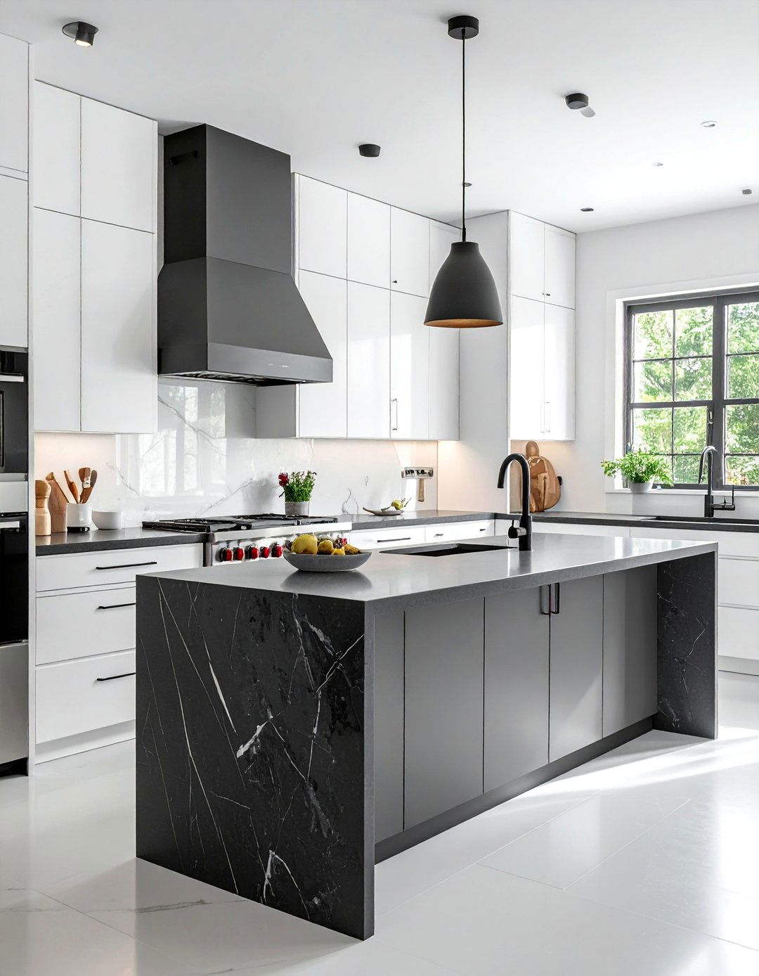 Modern White Cabinets With a Dark Charcoal Grey Waterfall Island - 15 White Kitchen Cabinets With Grey Island Ideas