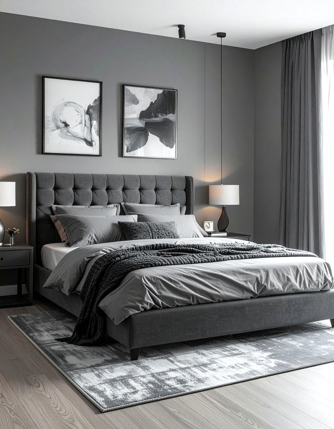 Monochromatic Bedroom with a Grey Headboard - 25 Grey Headboard Bedroom Ideas for a Calm Retreat