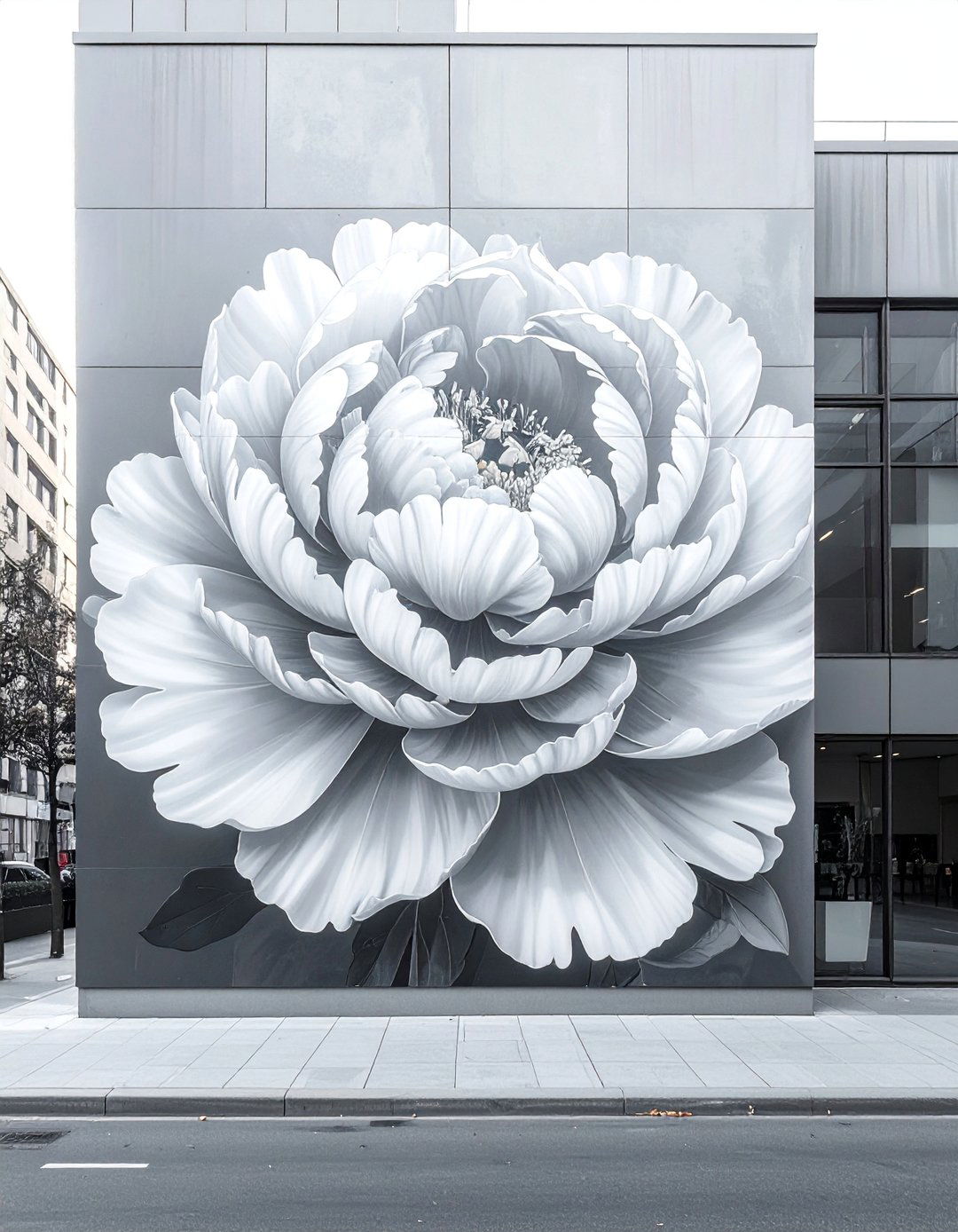 Monochromatic Peony Flower Mural on a Building - 15 Flower Murals on Buildings Ideas for Urban Beauty