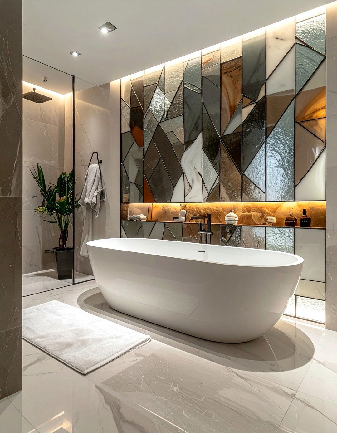 Monochromatic Stained Glass Panel with Varied Textures - 20 Stained Glass Bathtub Ideas for a Luxurious Bathroom