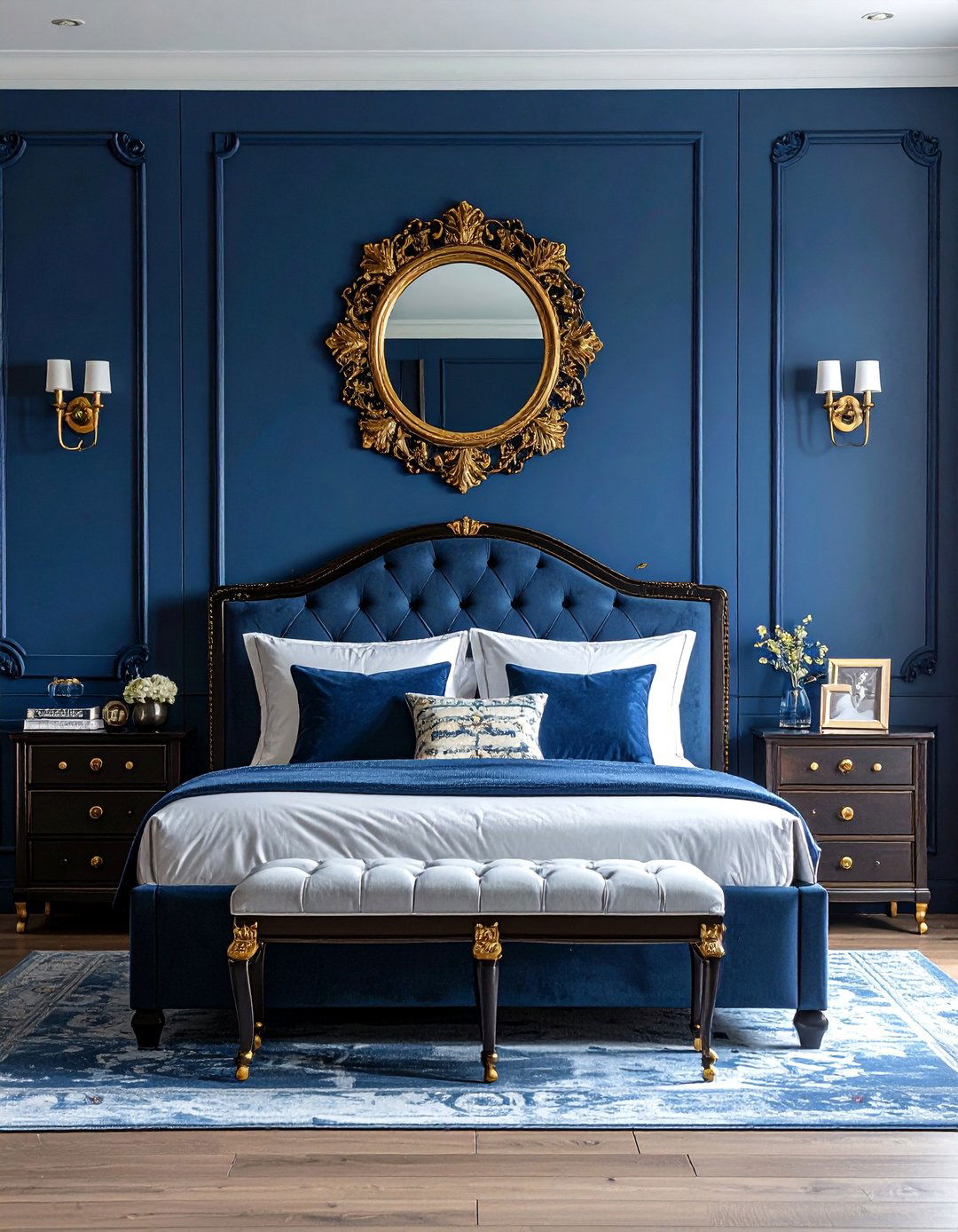 Moody Blue Bedroom Featuring Gold and Brass Accents - 15 Moody Blue Bedroom Ideas for a Relaxing Retreat