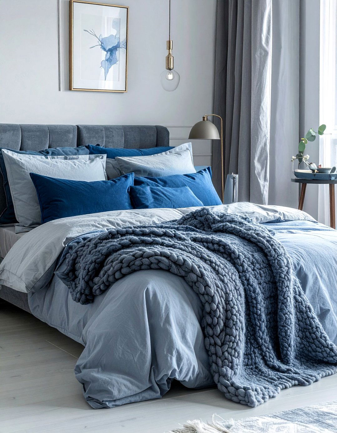 Moody Blue Bedroom Featuring Layered Textiles - 15 Moody Blue Bedroom Ideas for a Relaxing Retreat