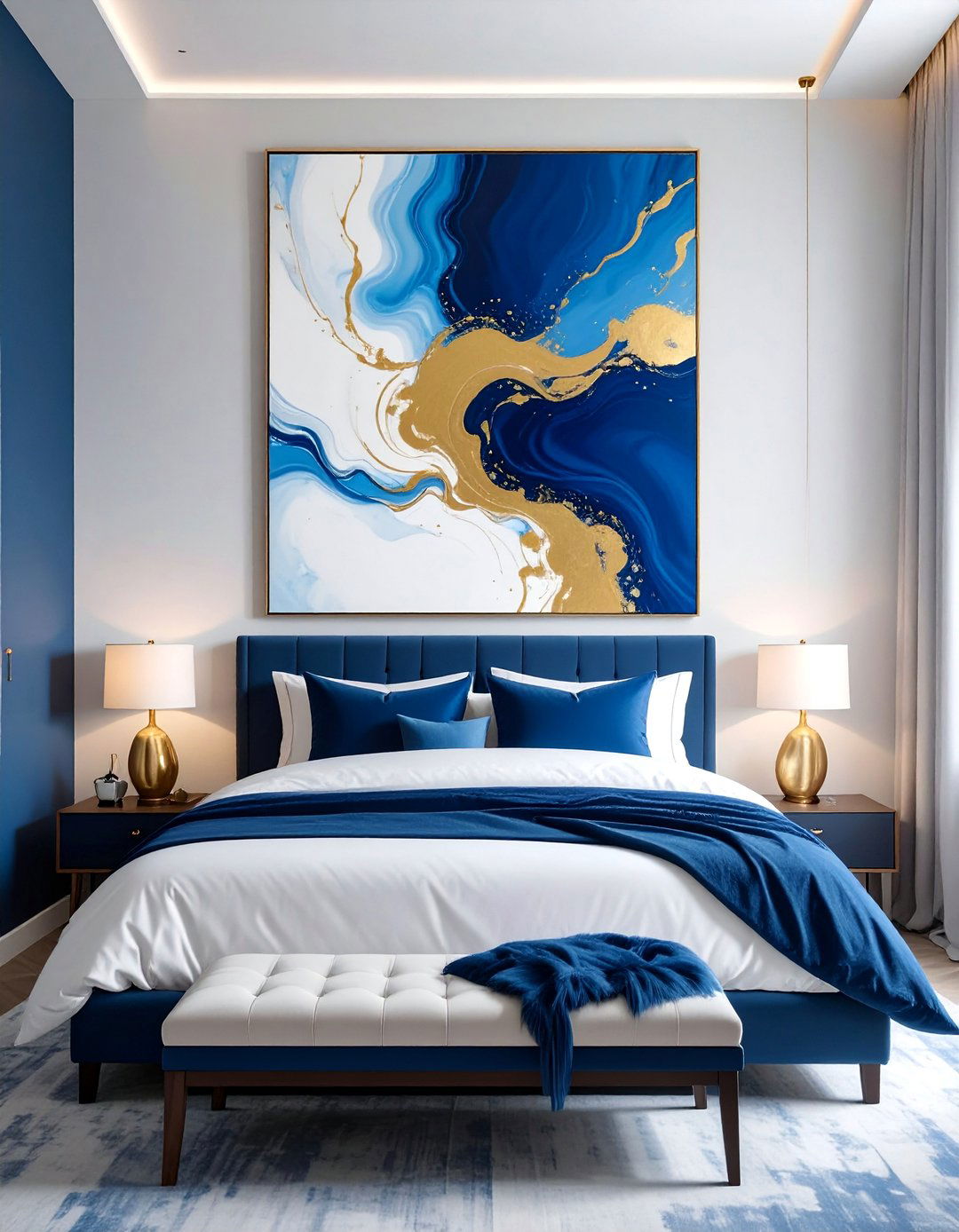Moody Blue Bedroom with Abstract Wall Art - 15 Moody Blue Bedroom Ideas for a Relaxing Retreat