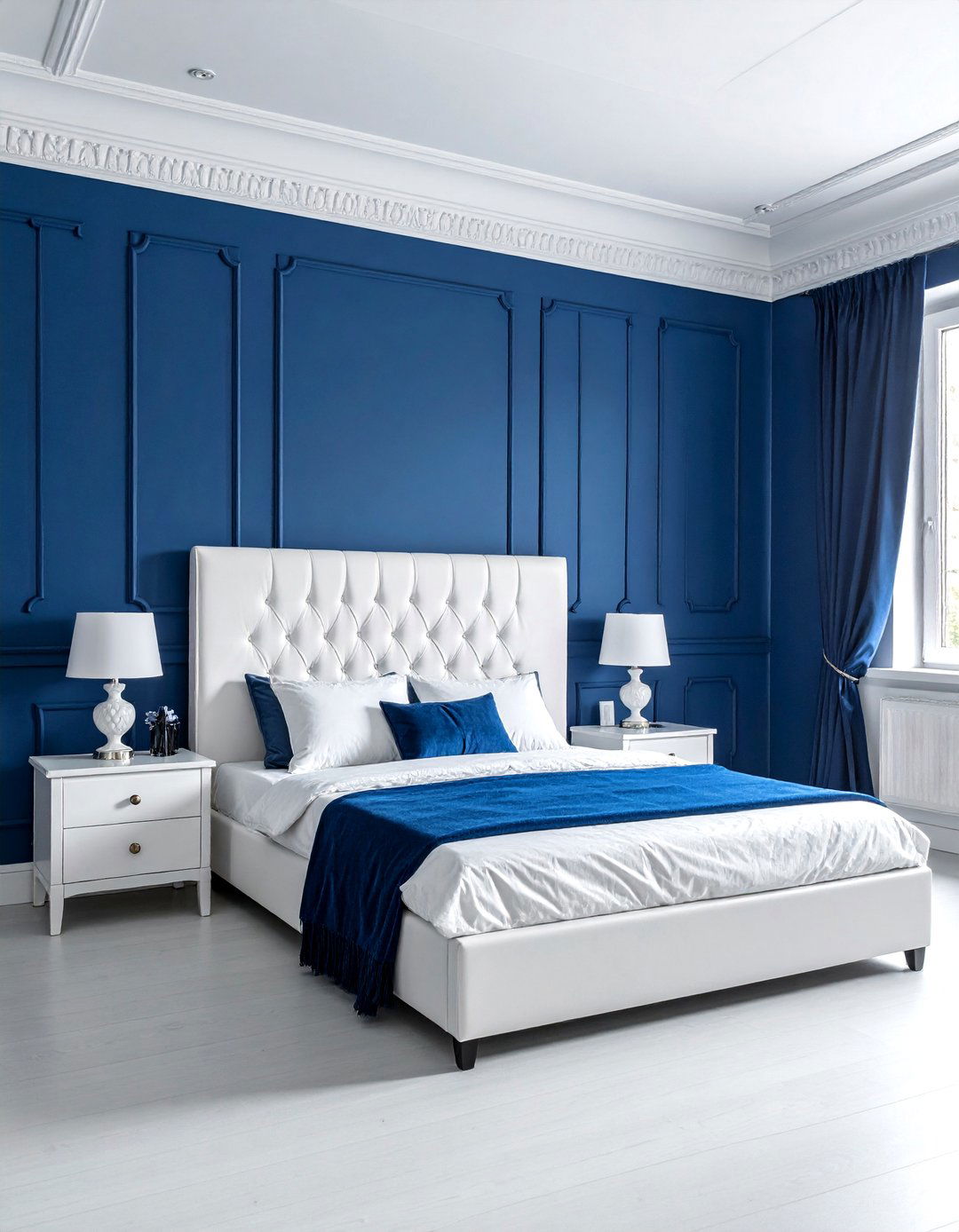 Moody Blue Bedroom with Crisp White Trim - 15 Moody Blue Bedroom Ideas for a Relaxing Retreat