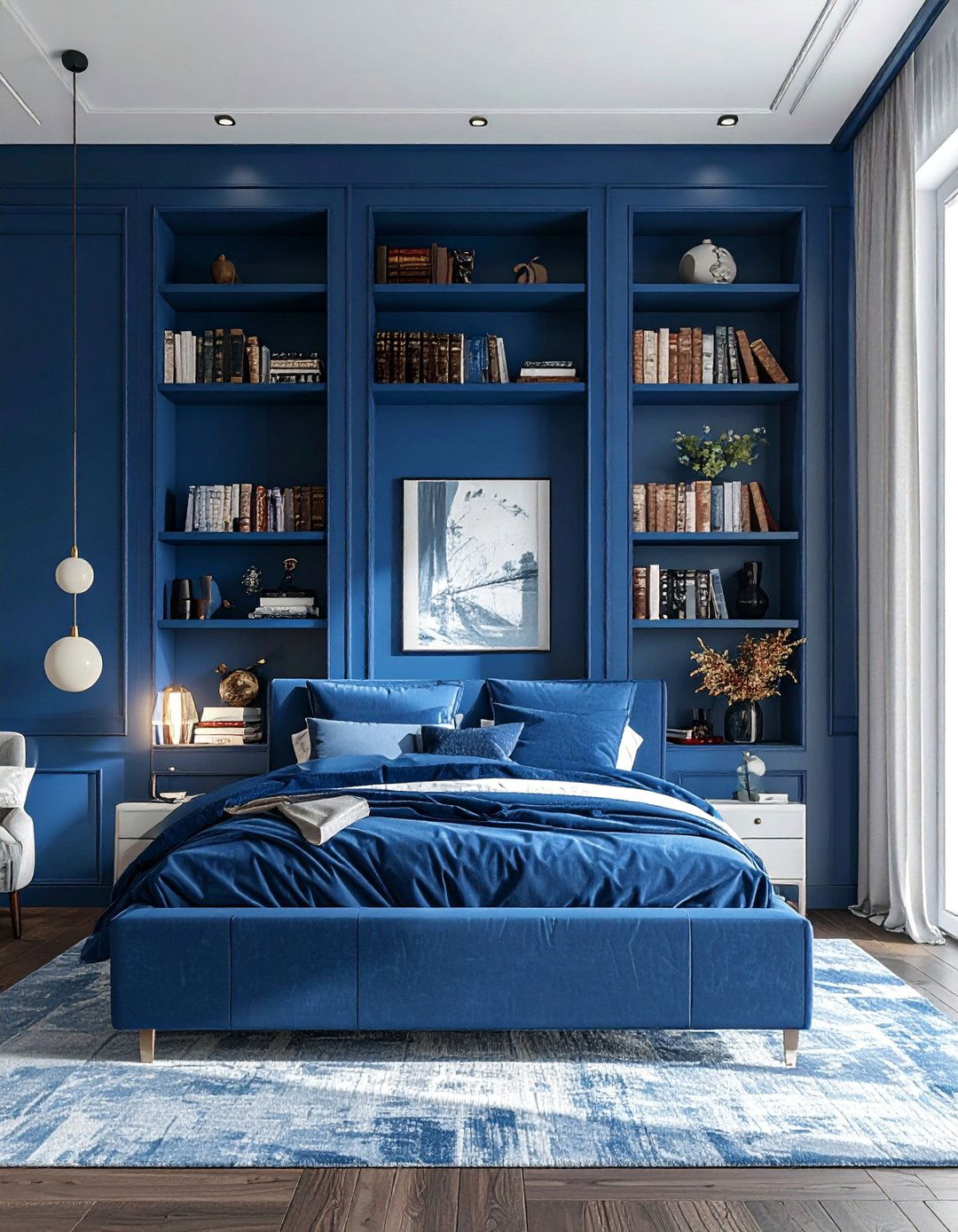 Moody Blue Bedroom with Integrated Bookshelves - 15 Moody Blue Bedroom Ideas for a Relaxing Retreat