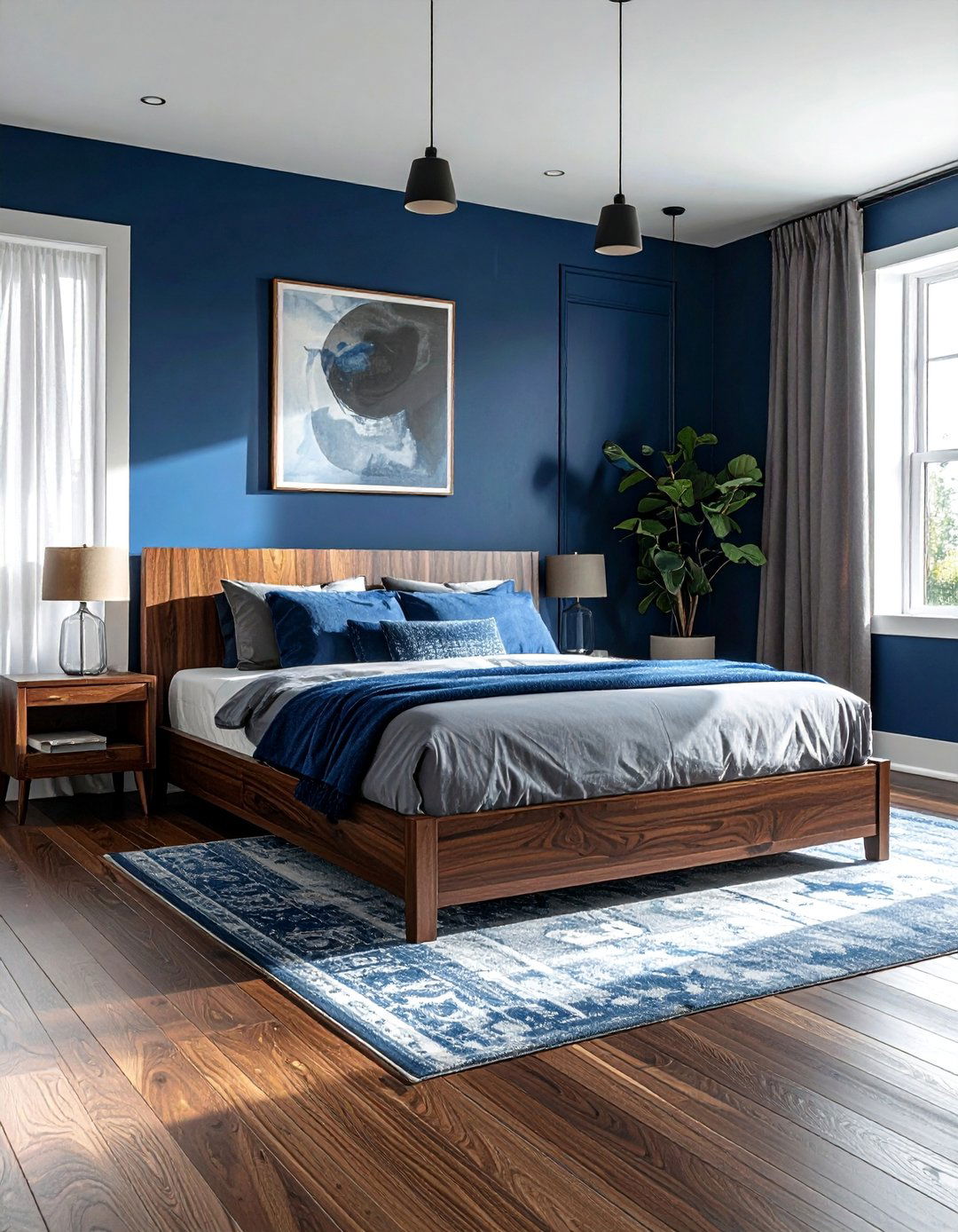 Moody Blue Bedroom with Warm Wood Tones - 15 Moody Blue Bedroom Ideas for a Relaxing Retreat