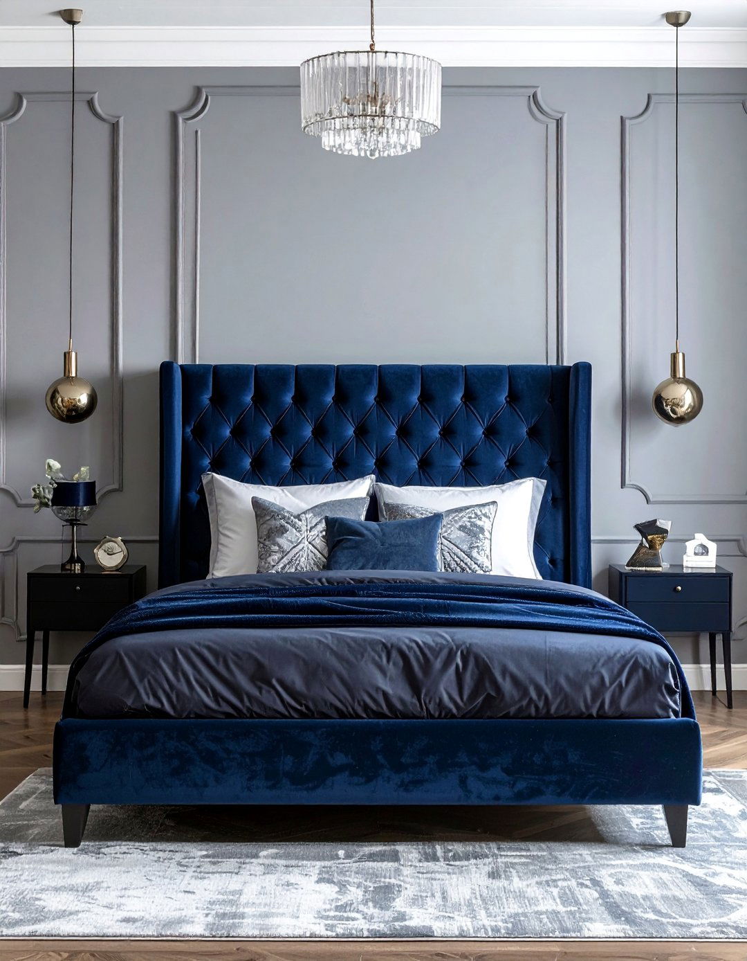 Moody Blue Bedroom with a Velvet Headboard - 15 Moody Blue Bedroom Ideas for a Relaxing Retreat
