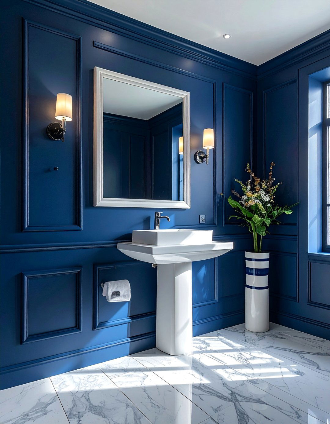 Moody Blue Powder Room with Dark Trim - 20 Blue Powder Room Ideas for a Fresh and Serene Space