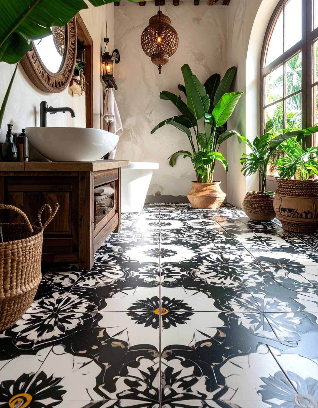 Moroccan Encaustic Black and White Bathroom Tile - 20 Black and White Bathroom Tile Ideas for a Sleek Look