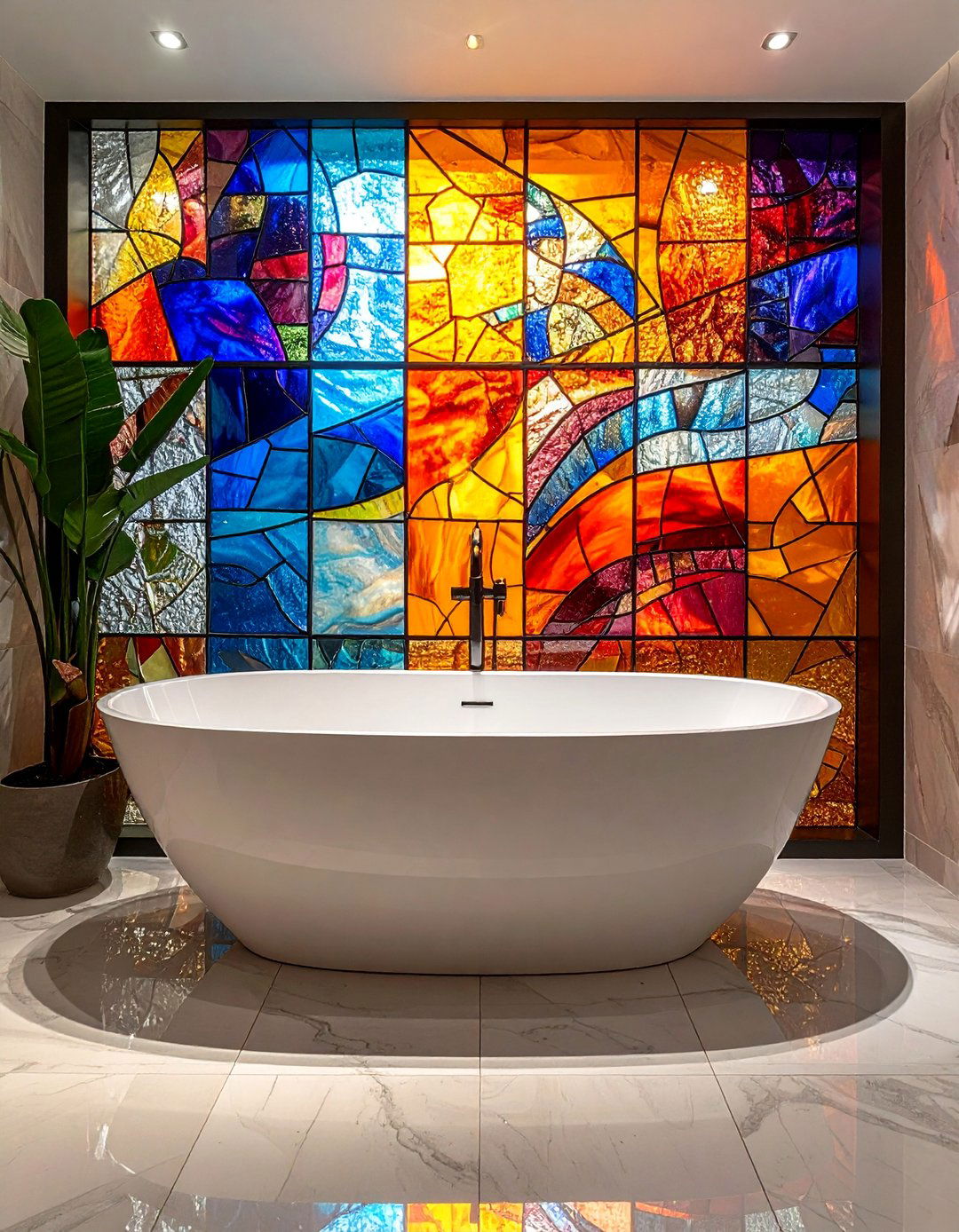 Mosaic Style Stained Glass Wall for a Modern Bathtub - 20 Stained Glass Bathtub Ideas for a Luxurious Bathroom