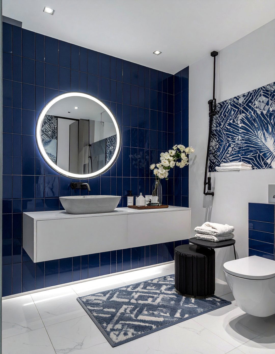 Mosaic Tile Backsplash Feature - 15 Navy Blue Powder Room Ideas for a Chic Space