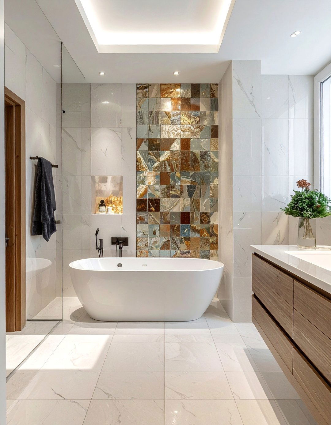 Mosaic Tile Feature Walls - 30 Open Concept Bathroom Ideas for Modern Homes