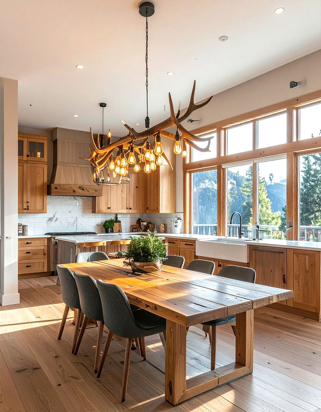 Mountain House Kitchen with Antler Chandeliers - 20 Mountain House Kitchen Ideas for a Rustic and Inviting Space