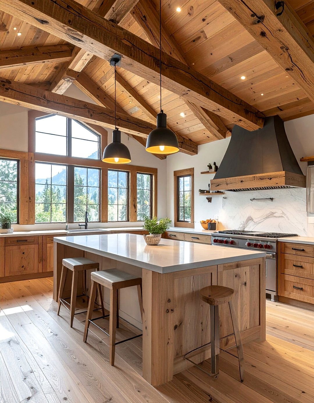 Mountain House Kitchen with Exposed Wooden Beams - 20 Mountain House Kitchen Ideas for a Rustic and Inviting Space