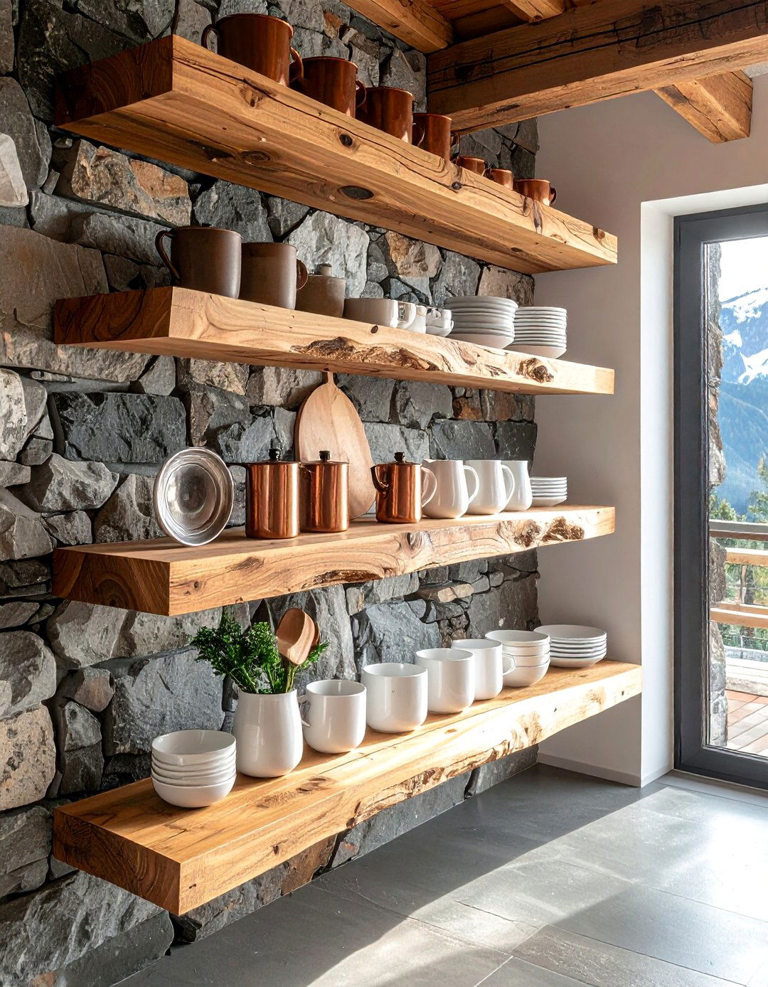 Mountain House Kitchen with Open Shelving - 20 Mountain House Kitchen Ideas for a Rustic and Inviting Space