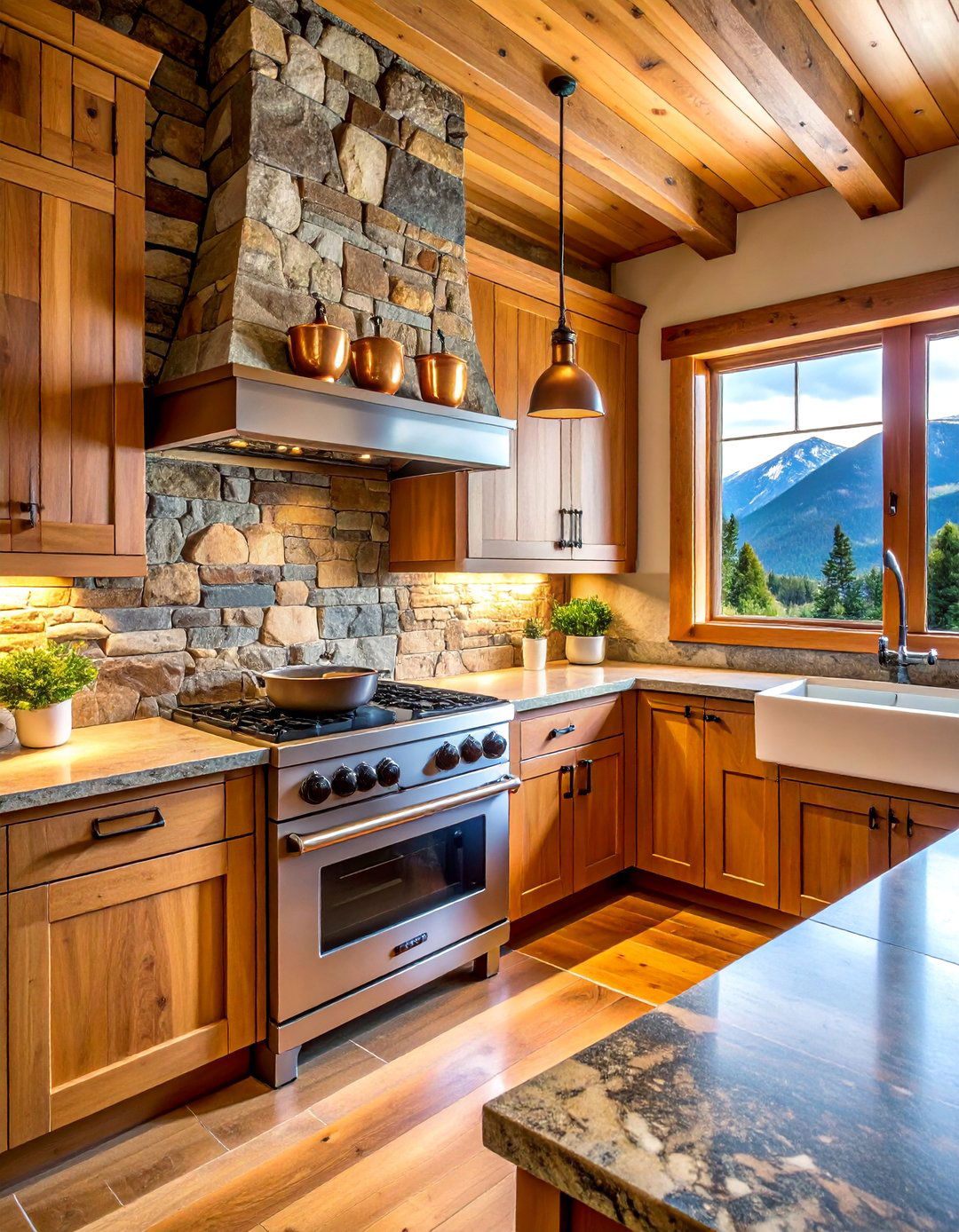 Mountain House Kitchen with a Fieldstone Backsplash - 20 Mountain House Kitchen Ideas for a Rustic and Inviting Space