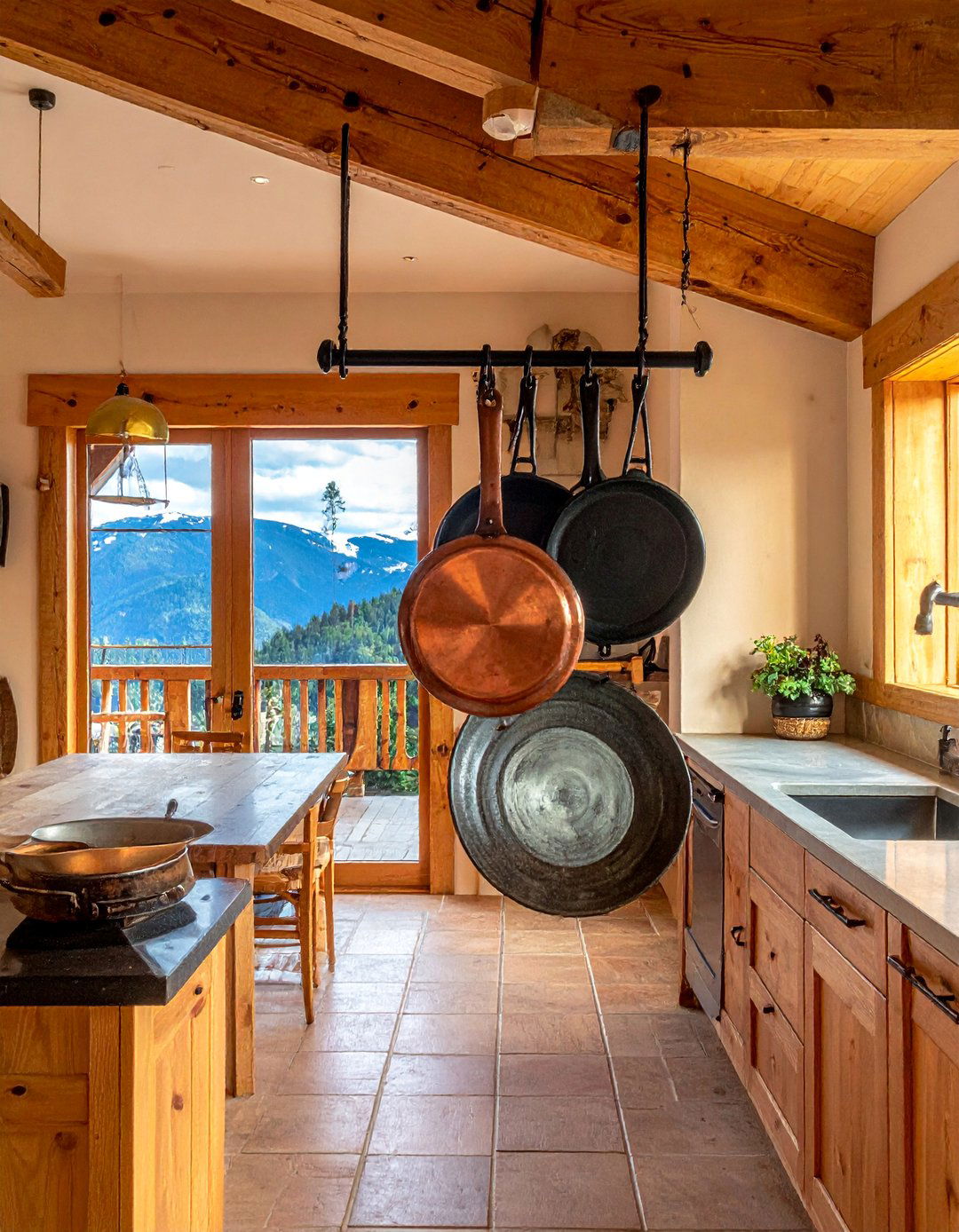 Mountain House Kitchen with a Pot Rack - 20 Mountain House Kitchen Ideas for a Rustic and Inviting Space