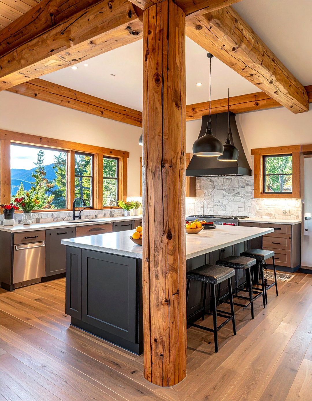 Mountain House Kitchen with an Integrated Log Support Post - 20 Mountain House Kitchen Ideas for a Rustic and Inviting Space