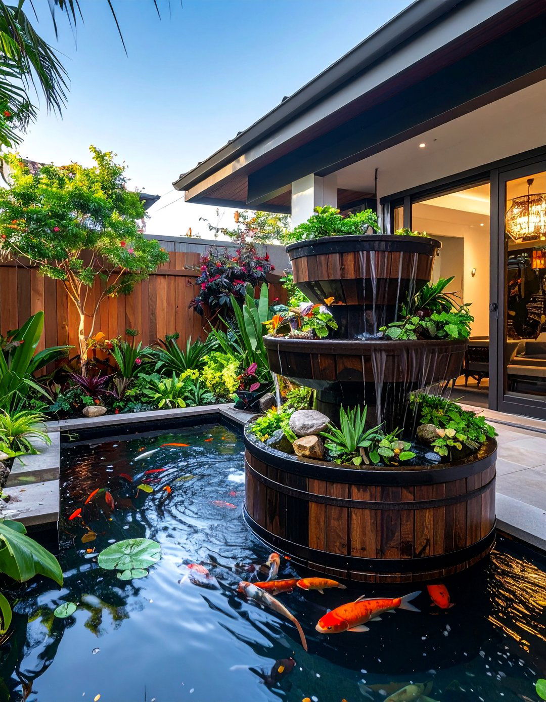 Multi Level Barrel Fountain Pond - 15 Container Fish Pond Ideas for a Beautiful Outdoor Space