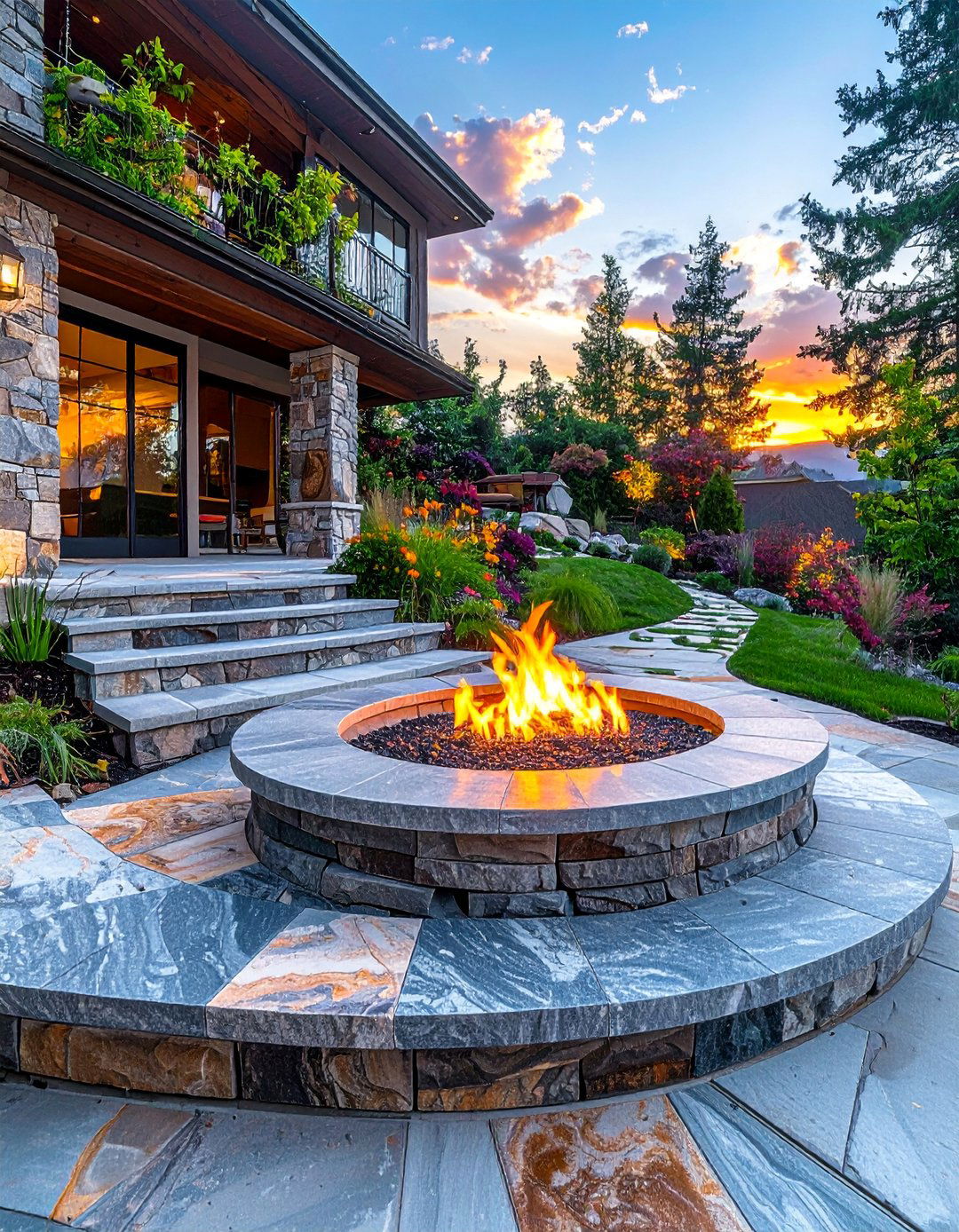 Multi Level Granite Terrace with Integrated Fire Bowl - 25 Stone Patio with Fire Pit Ideas for Outdoor Fun
