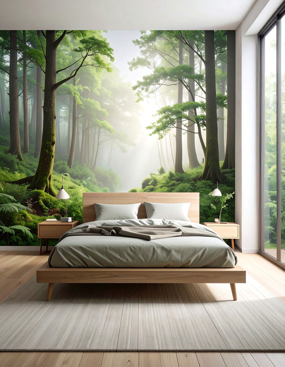 Mural Wallpaper of a Misty Forest Scene - 20 Forest-Themed Bedroom Ideas for a Nature-Inspired Retreat
