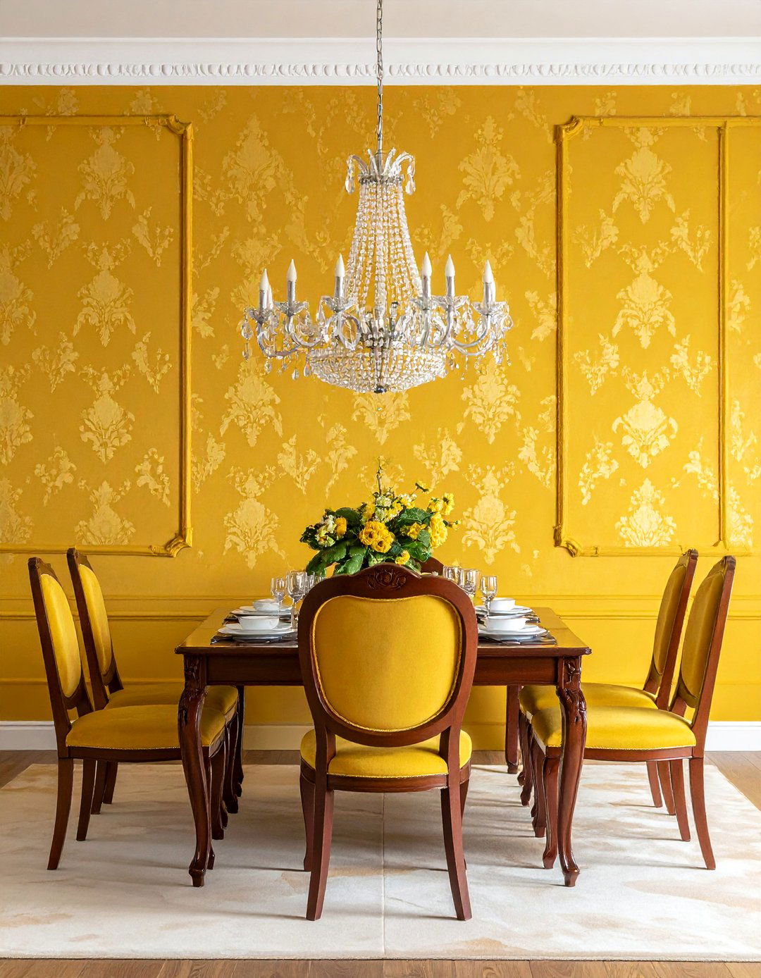 Muted Gold and Yellow Damask Wallpaper - 20 Yellow Dining Room Ideas for a Bright and Cheerful Space