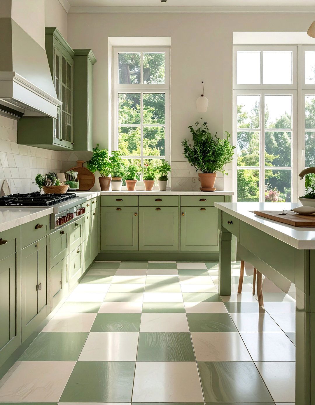 Muted Green and Beige Stone Checkered Floors - 25 Kitchens With Checkered Floors for Timeless Style