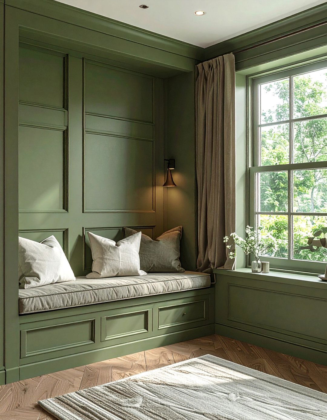 Muted Laurel Green Panelling Around Windows - 20 Green Panelling Bedroom Ideas for a Fresh Look