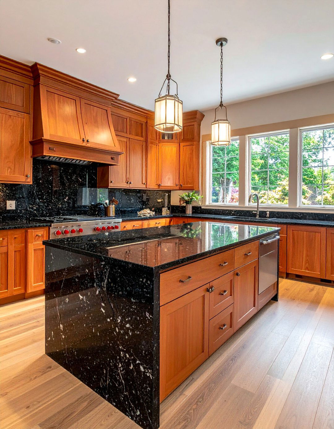 Natural Cherry Kitchen Cabinets Paired with Dark Granite Countertops - 15 Natural Cherry Kitchen Cabinets for Warmth