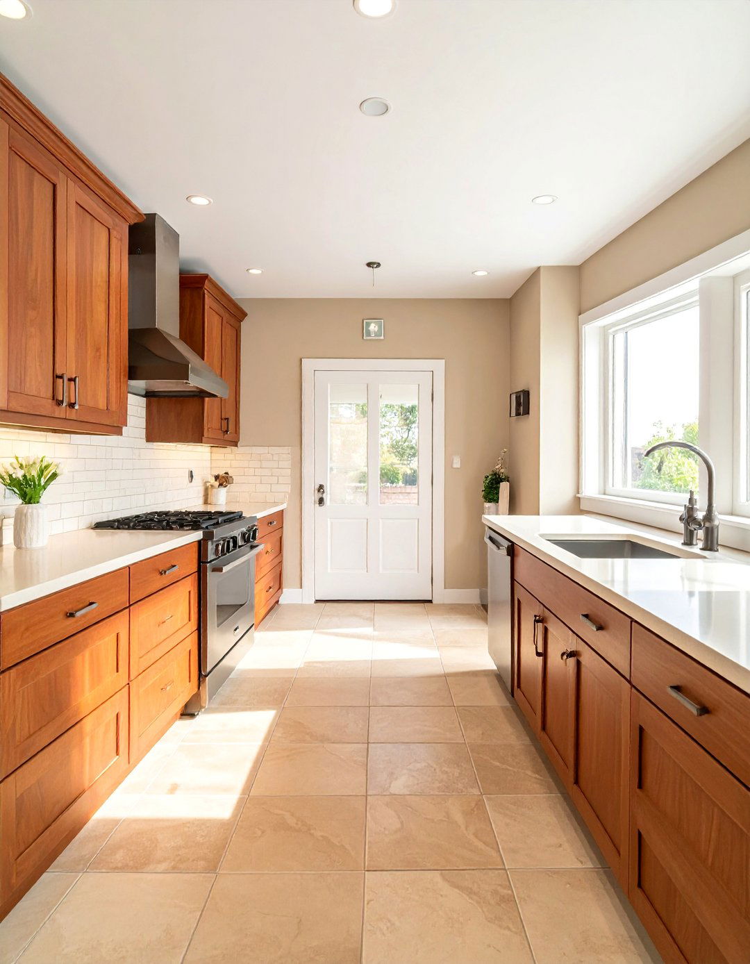 Natural Cherry Kitchen Cabinets with a Ceramic Tile Backsplash - 15 Natural Cherry Kitchen Cabinets for Warmth