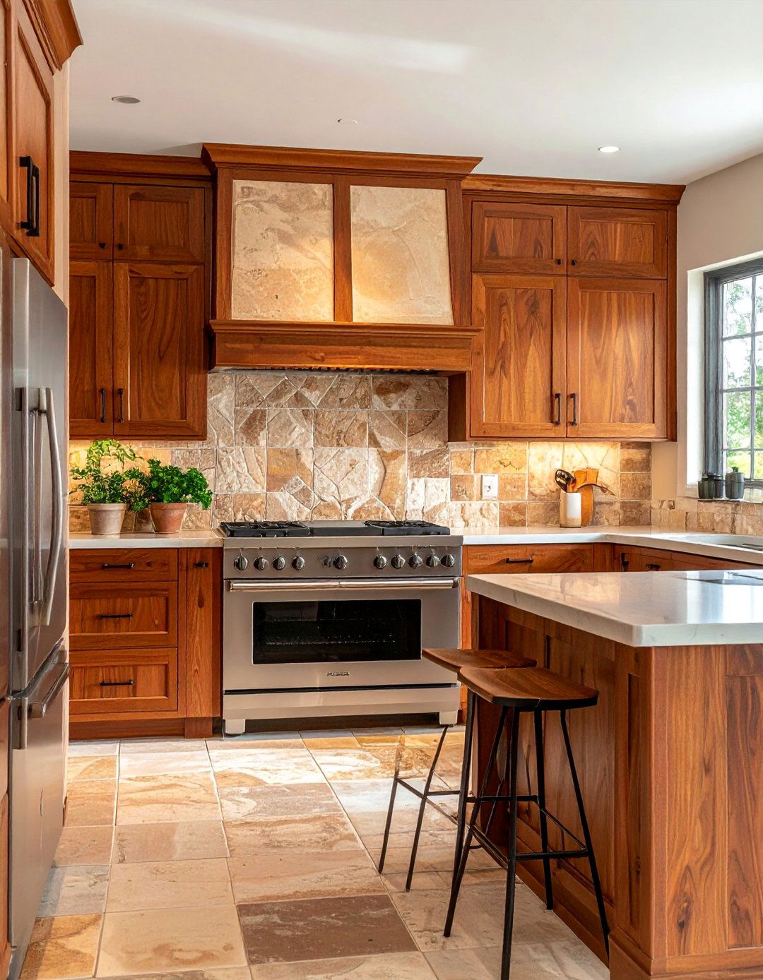Natural Cherry Kitchen Cabinets with a Stone Backsplash - 15 Natural Cherry Kitchen Cabinets for Warmth