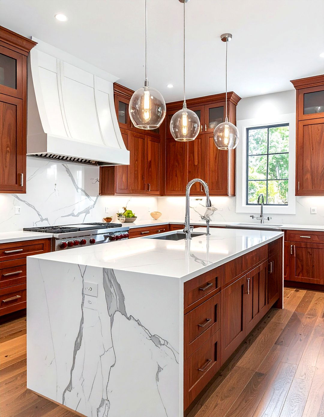 Natural Cherry Kitchen Cabinets with a White Quartz Countertop - 15 Natural Cherry Kitchen Cabinets for Warmth