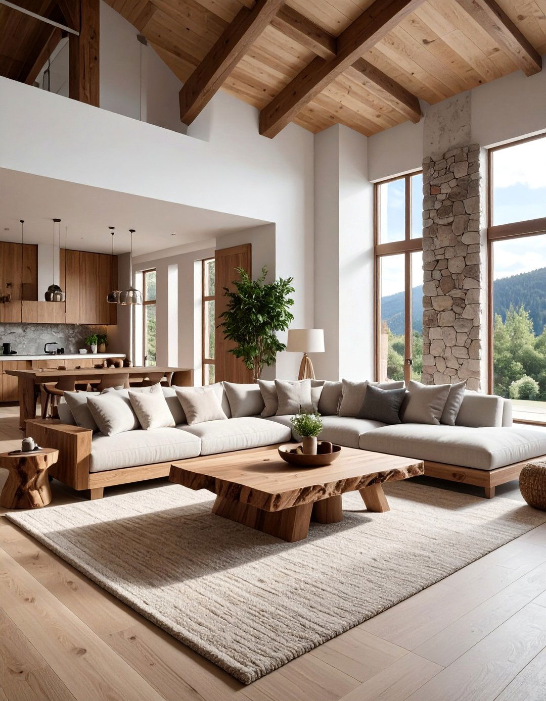 Natural Material Emphasis - 25 High Ceiling Living Room Ideas to Maximize Your Space