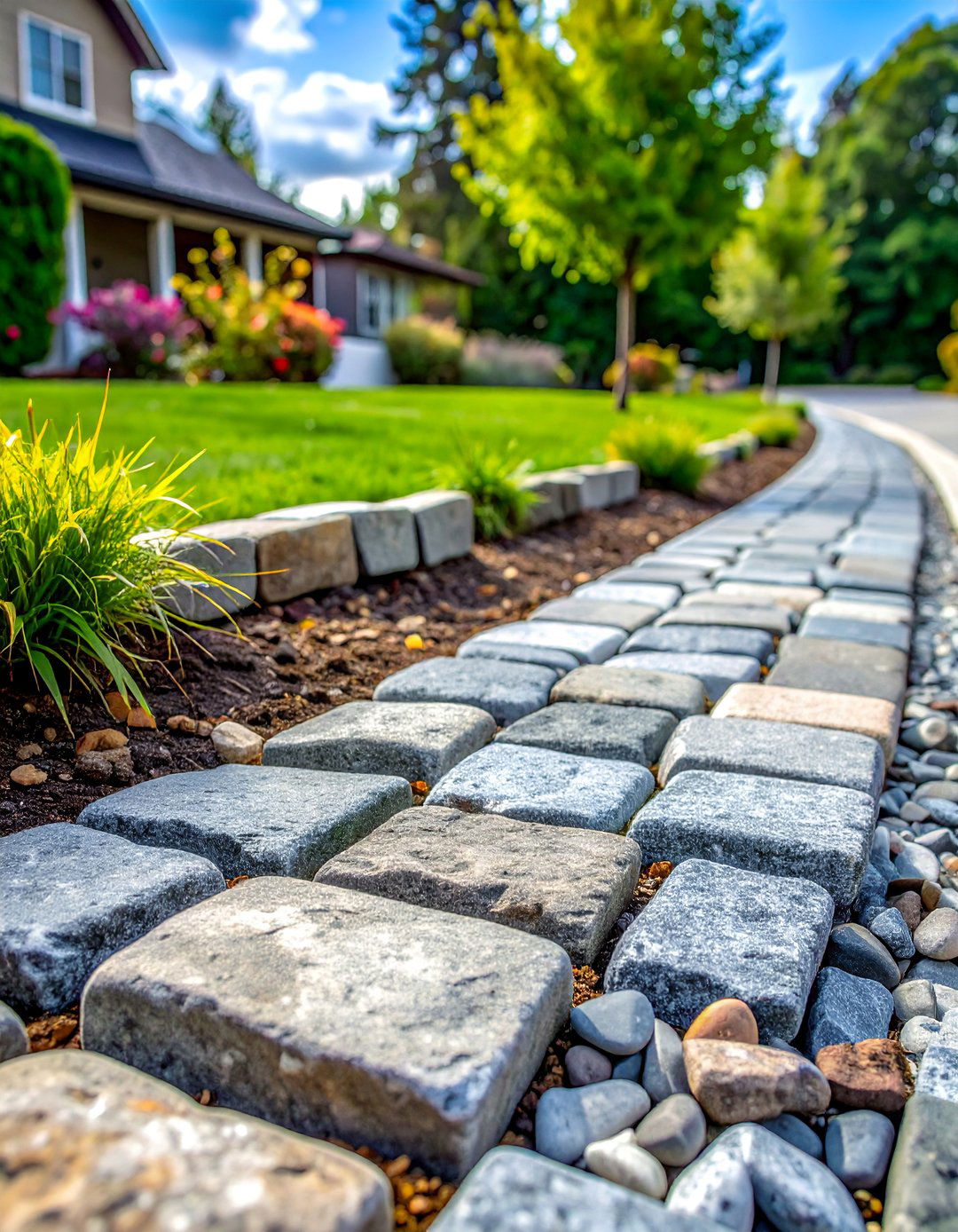 Natural Stone Belgian Block Borders - 25 Gravel Driveway Edging Ideas for a Polished Finish