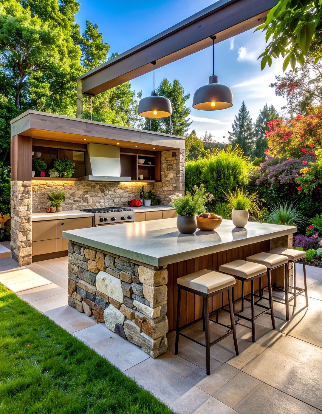 Natural Stone Kitchen Islands - 20 Summer Kitchen Ideas for Outdoor Entertaining