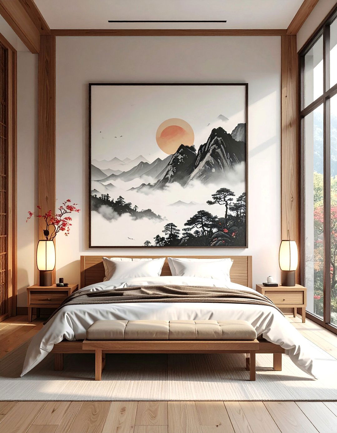 Nature Inspired Wall Art in an Asian Bedroom - 20 Asian Bedroom Ideas for a Serene and Stylish Space