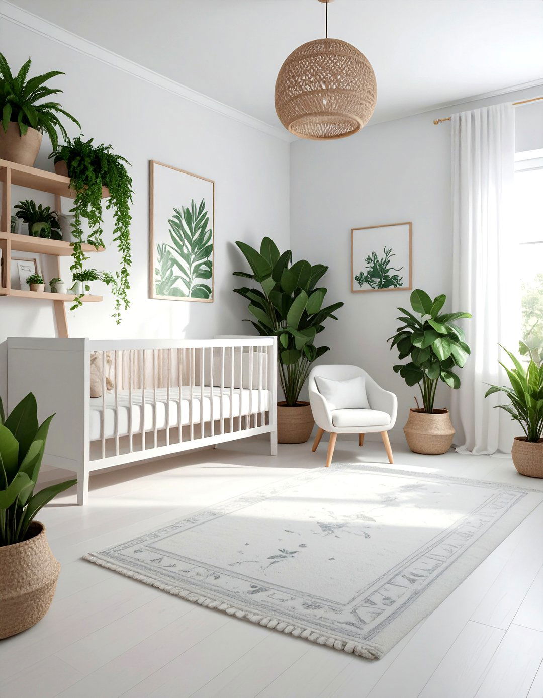 Nature Themed White Nursery with Greenery - 15 White Nursery Ideas for a Calm and Serene Space