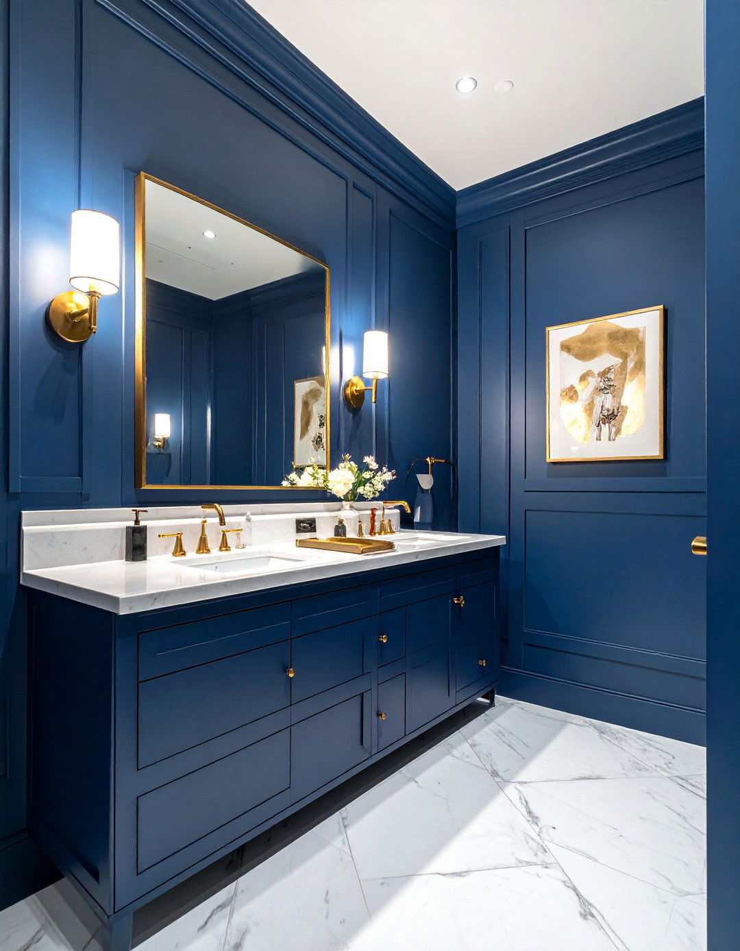 Navy Blue Powder Room with Gold Fixtures - 20 Blue Powder Room Ideas for a Fresh and Serene Space