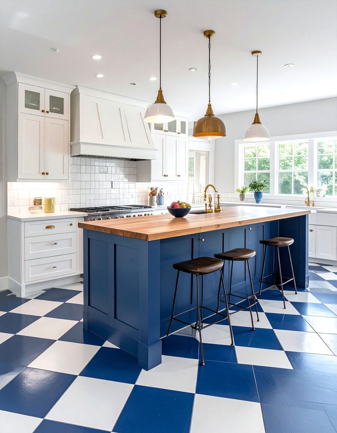 Navy Blue and White Ceramic Checkered Floors